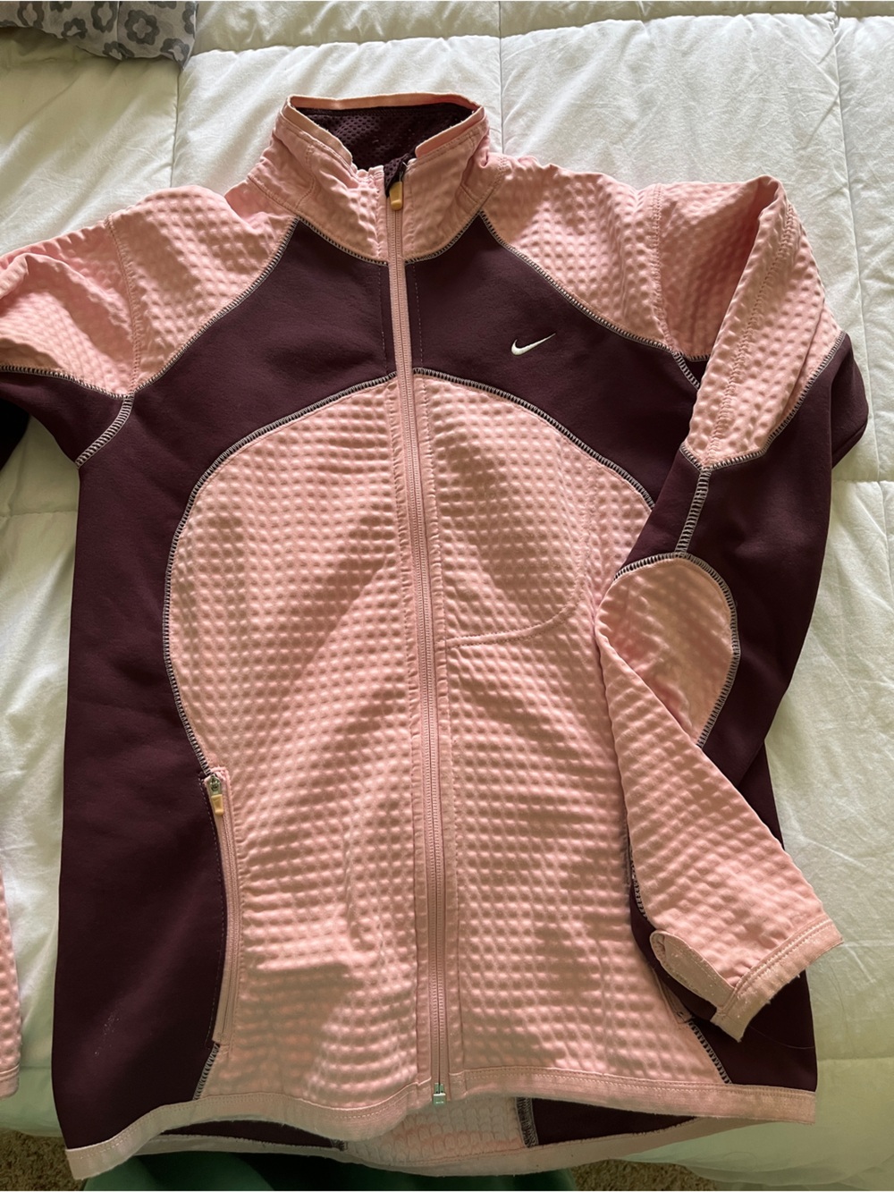 Nike Women's Pink and Burgundy Panelled Zip-Up Bomber Jacket